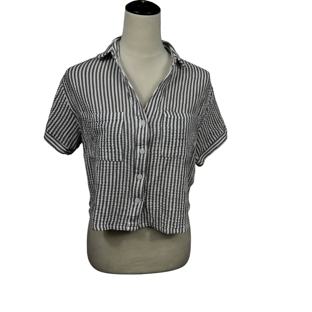 Blashe Womens L Striped Cropped Button Down Shirt Short Sleeve‎ Coastal Beachy